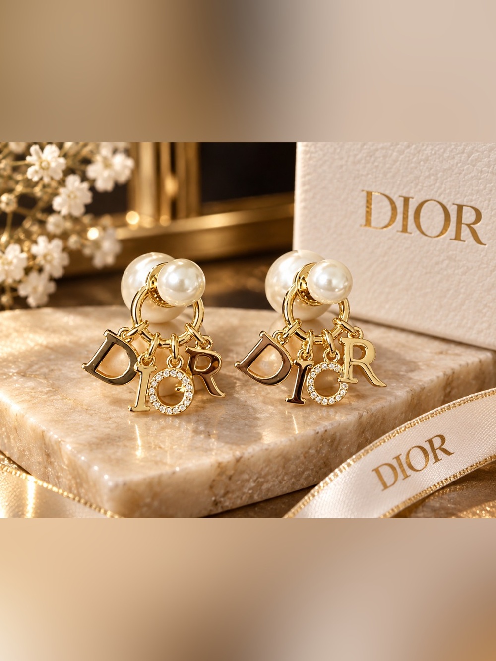 Dior Gold toned and Pearl DIOR Logo Drop Earrings